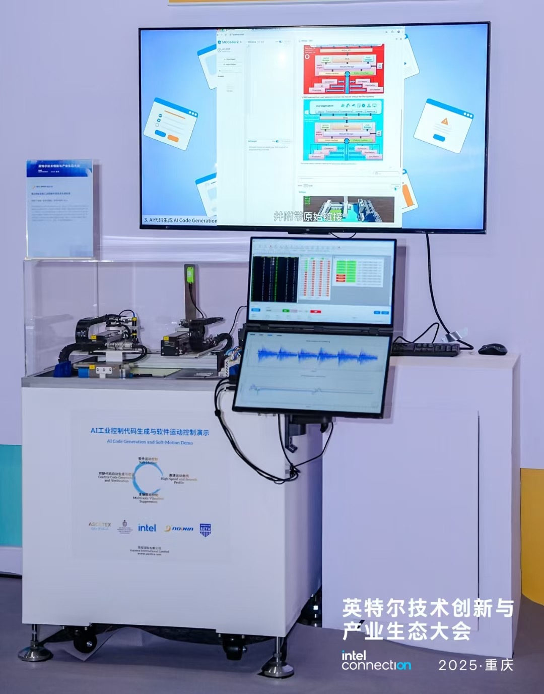 The ASCETEX demonstration stand at Intel Connection 2025: an AI code-generation interface on the wall screen, motion traces and vibration analysis on two desk monitors, and a multi-axis mechanism running below.